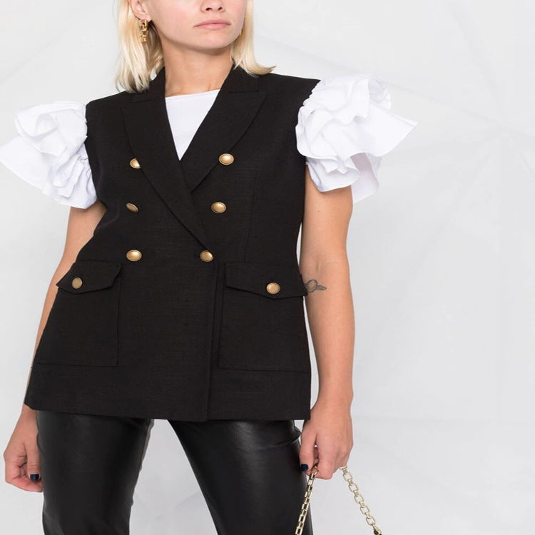 Women's double-breasted sleeveless blazer vest with distinctive decorative round buttons Chichicherry