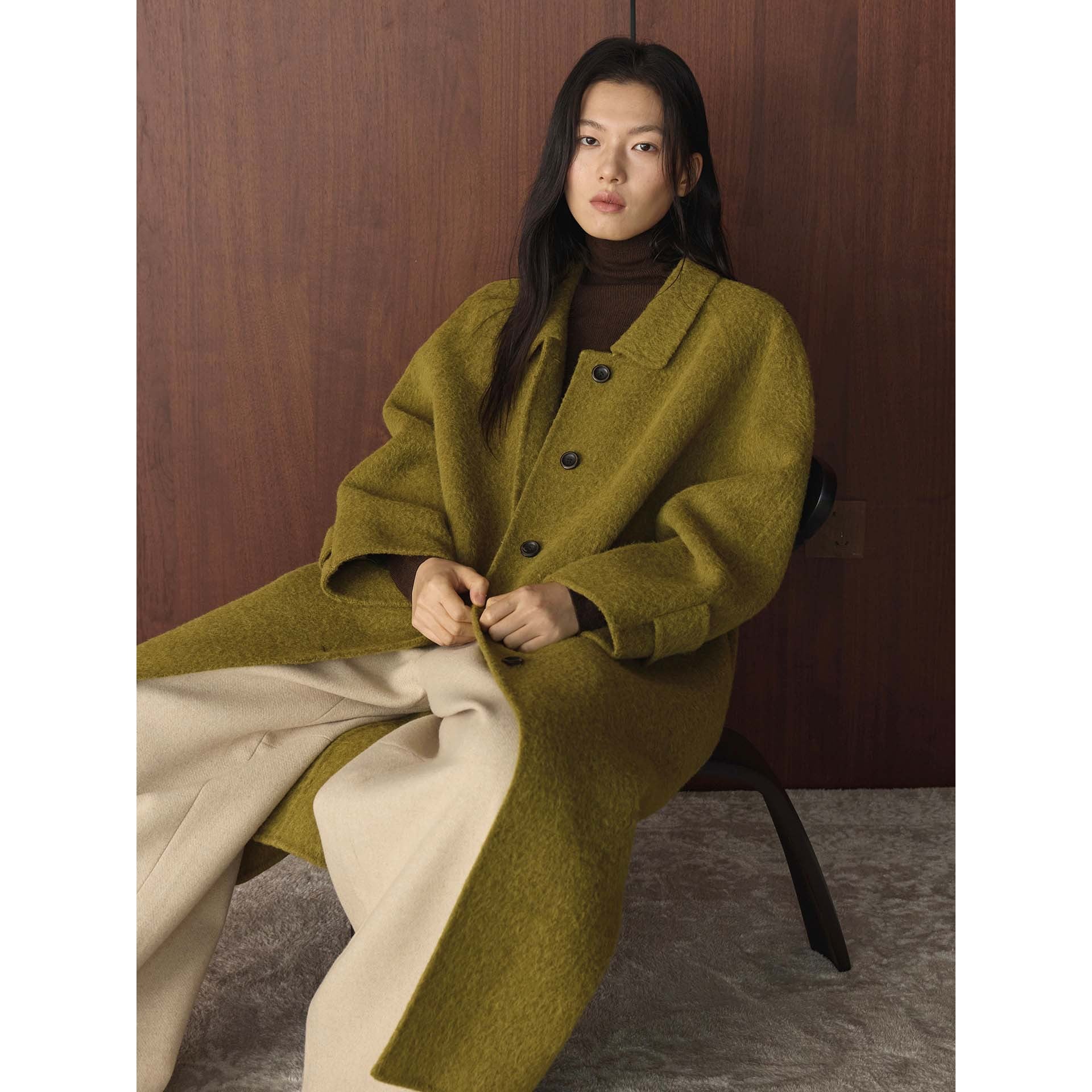 Women's Wide Cut Wool Blend Coat with Boucle Texture and Patch Pockets Chichicherry
