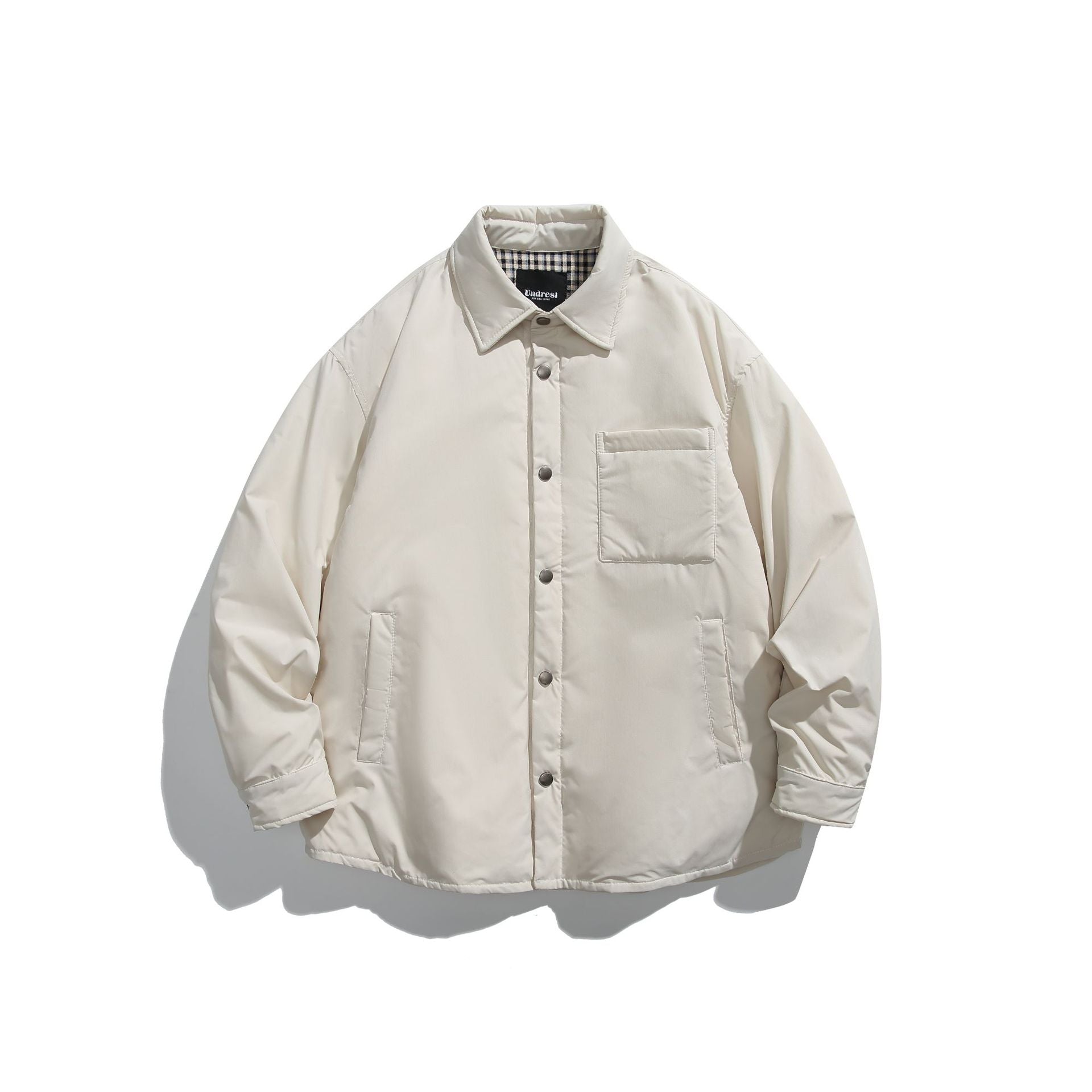 Unisex Padded Coach Jacket with Check Lining and Snap Button Placket Chichicherry