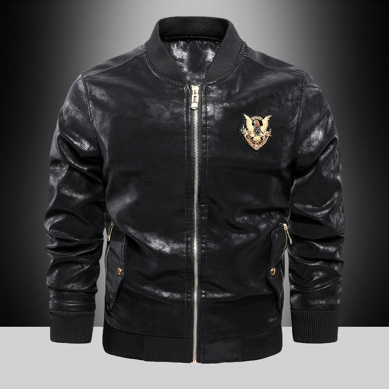 Men's Leather Look Bomber Jacket in Aviator Style with Patch Embroidery, Ribbed Cuffs, and Metal Zipper Chichicherry
