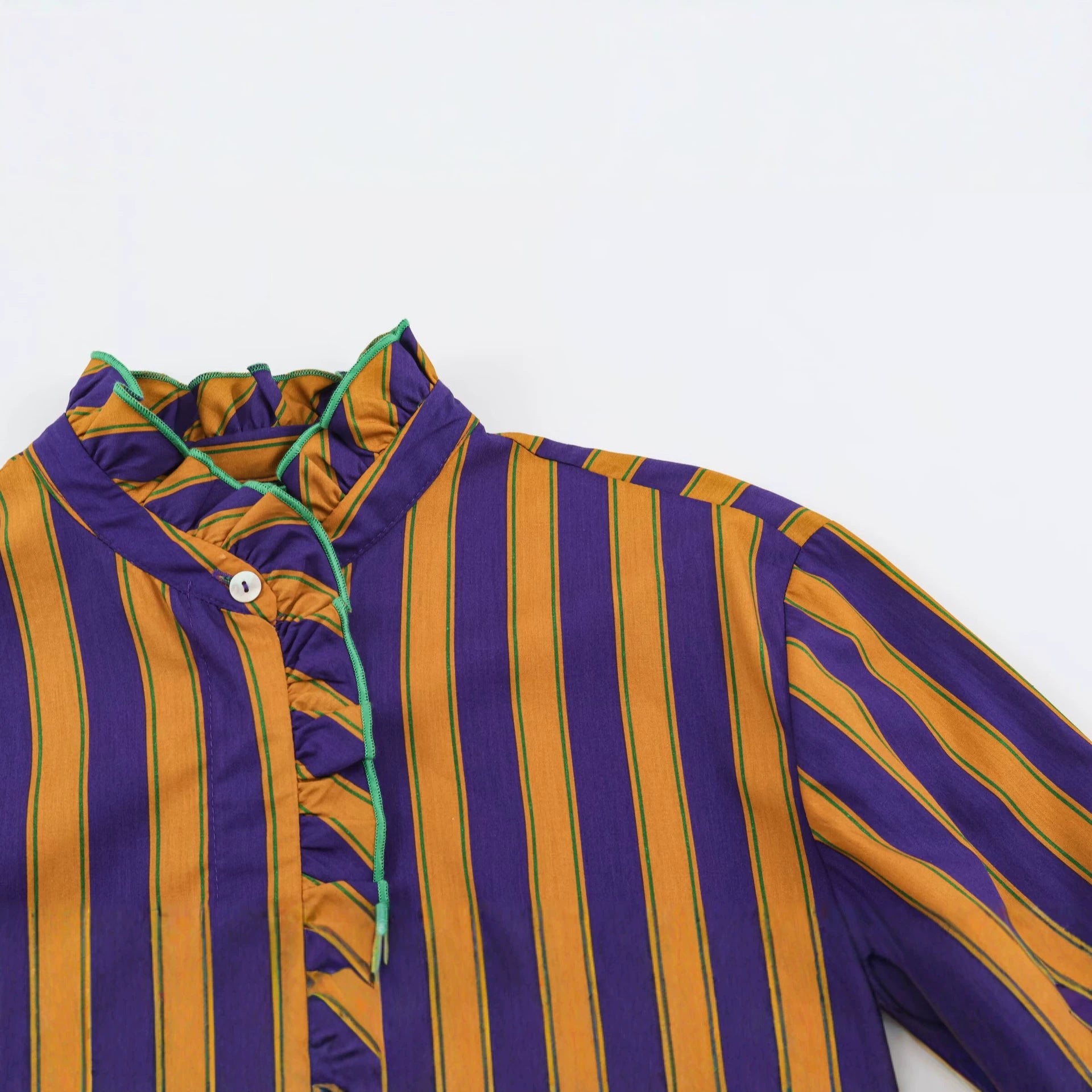 Women's Striped Blouse with Stand-up Collar, Ruffle Trim and Gathered Cuffs Chichicherry