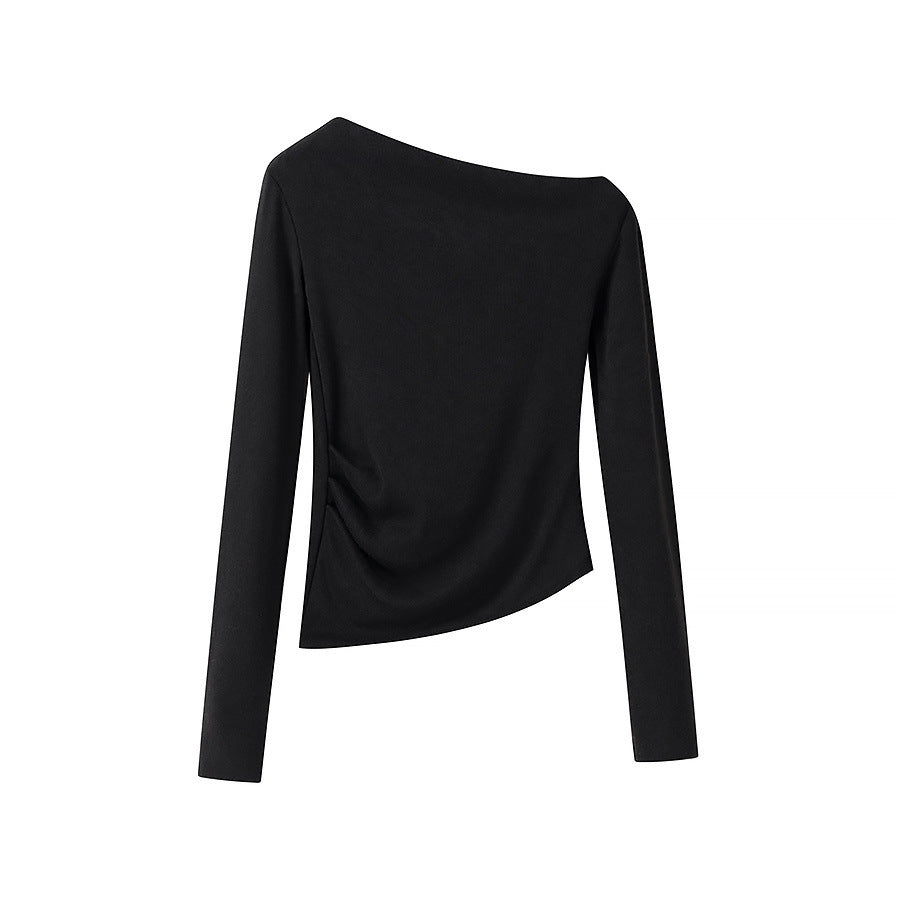 Women Asymmetric One-Shoulder Long Sleeve Top with Ruching Chichicherry