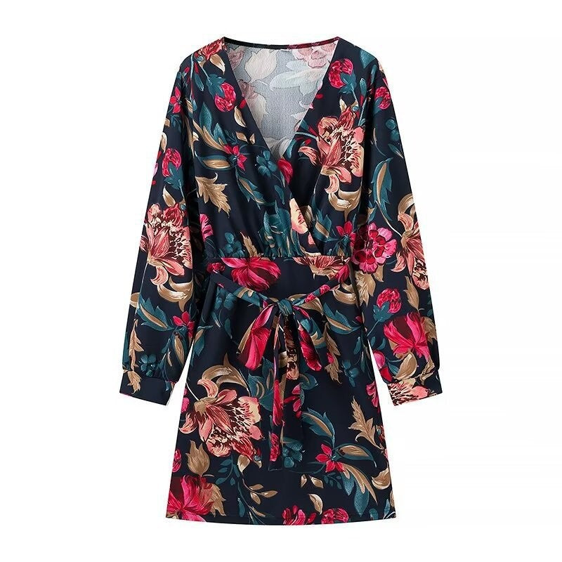 Women’s Wrap Mini Dress with Allover Floral Print, V-Neck and Waistband Chichicherry