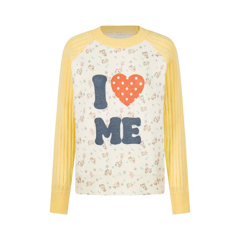 Women's fine knit pullover with appliqué statement, ribbed raglan sleeves and mini print Chichicherry