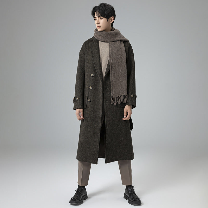 Men's Maxi Length Wool Blend Coat in Tweed Look with Oversized Cut, Double Breasted and Belted Chichicherry