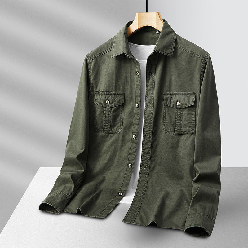 Men's Lightweight Cotton Utility Shirt Jacket with Flap Pockets and Full Button Placket Chichicherry