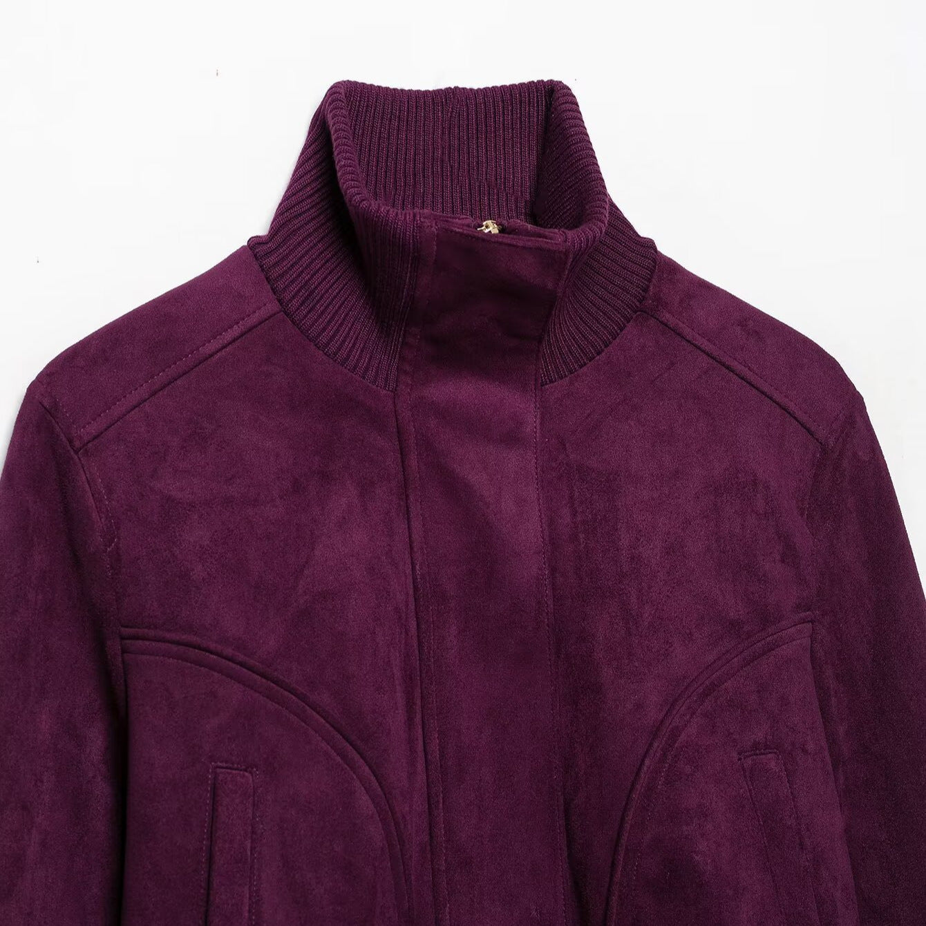 Women Cropped Velvet Jacket in Bomber Style with High Ribbed Collar and Waistband Chichicherry