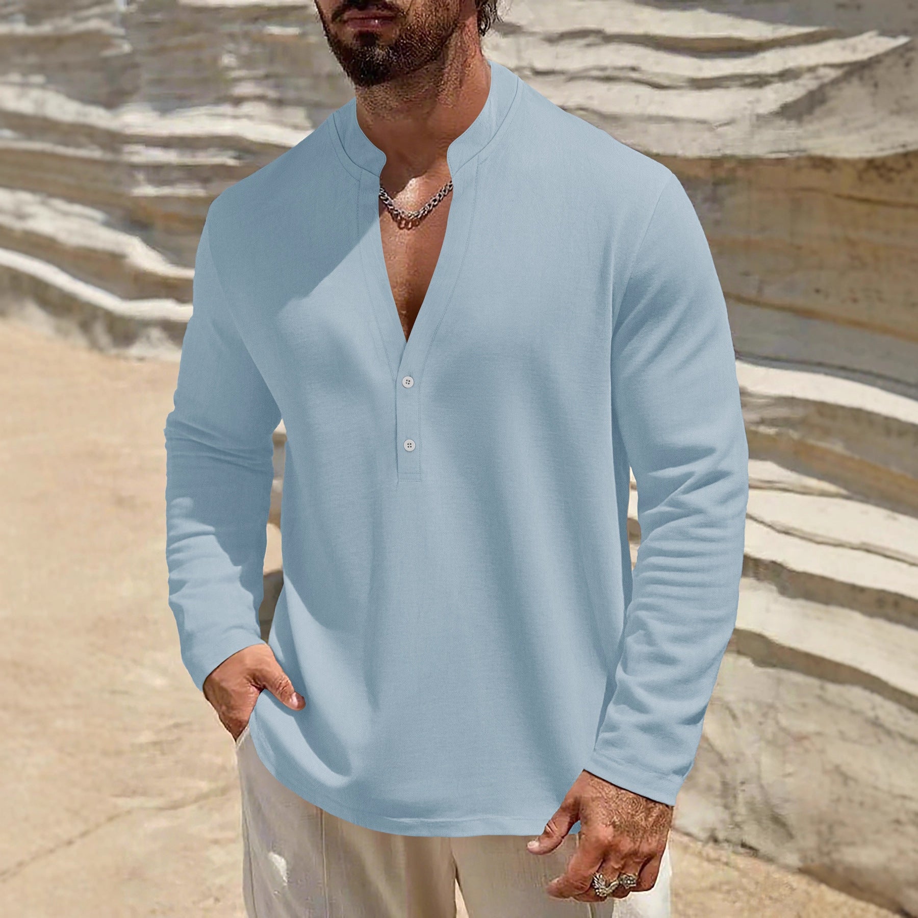 Men's Lightweight Linen Henley with Stand-up Collar and 2-Button Placket Chichicherry