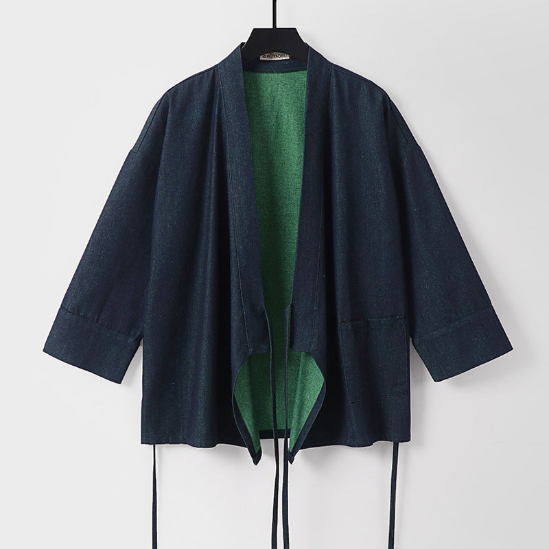 Women Lightweight Two-Tone Kimono Jacket with Ties and Contrasting Inner Lining Chichicherry