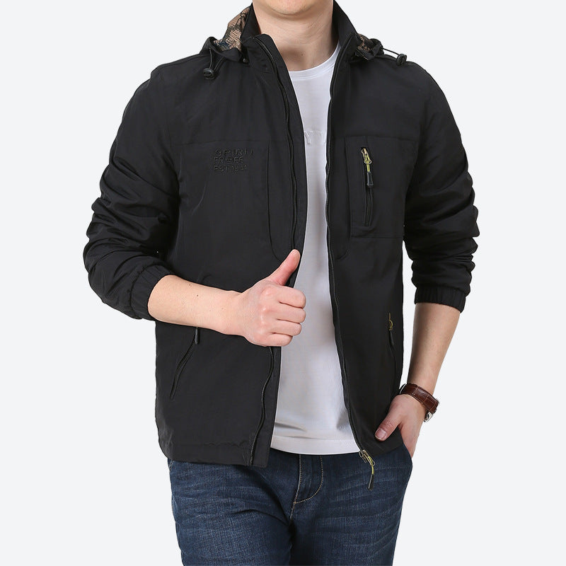 Men's Windproof Microfiber Utility Jacket with Hood and Multiple Zipper Pockets Chichicherry