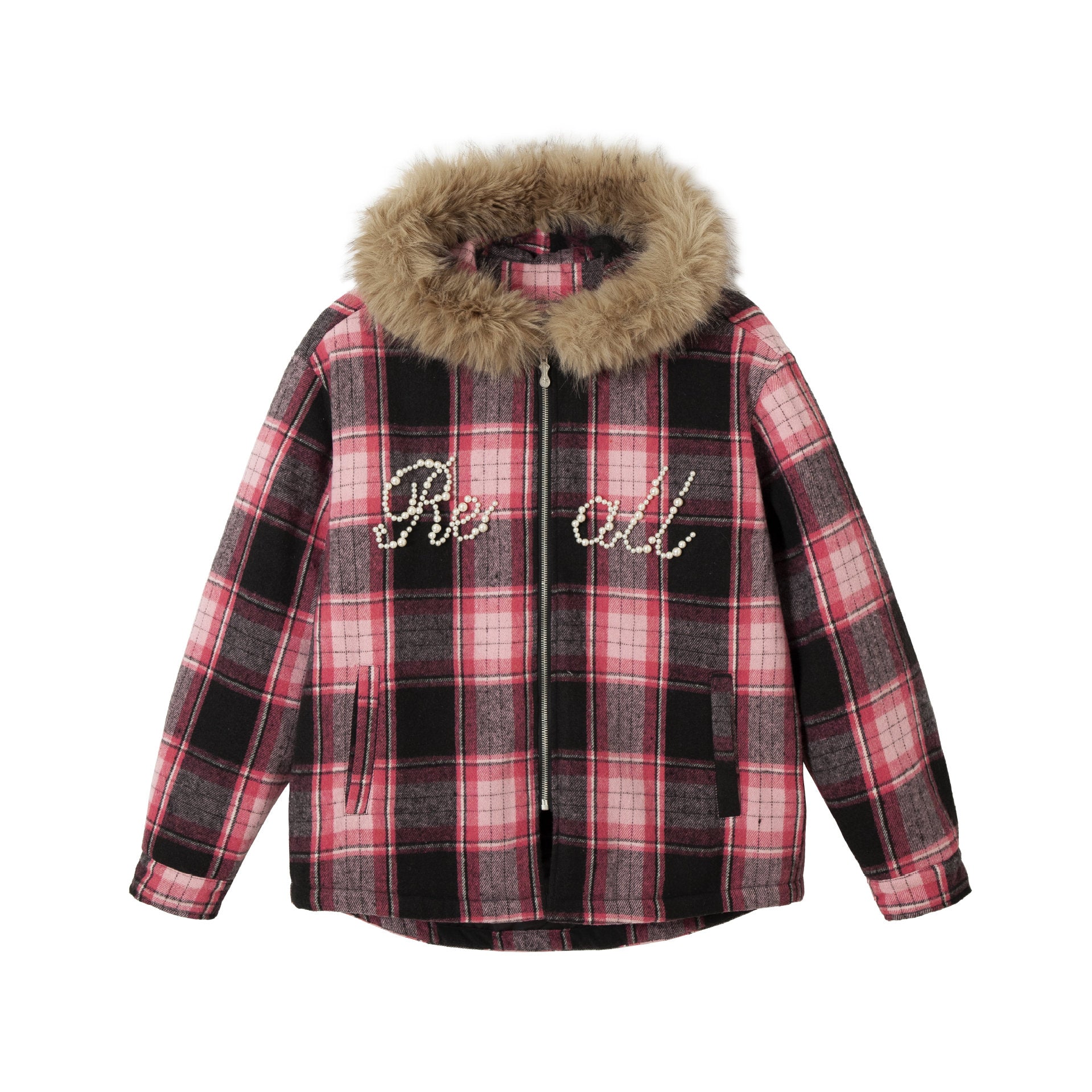 Women's checked wool blend blouson with detachable faux fur collar and pearl appliqué Chichicherry
