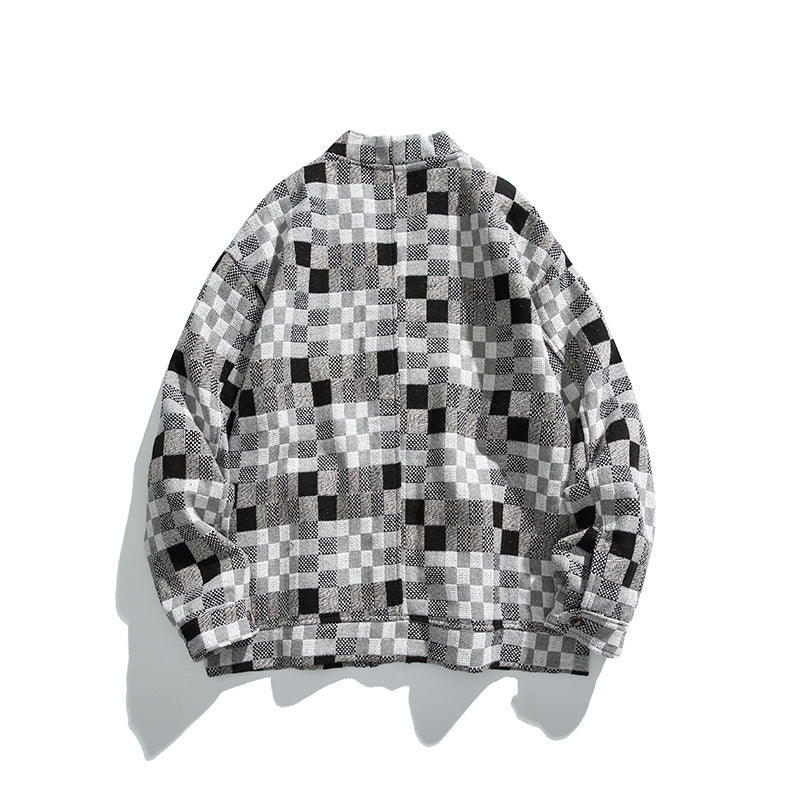Unisex Boxy Cardigan in Patchwork Check with V-neck, snap front, and patch pockets Chichicherry