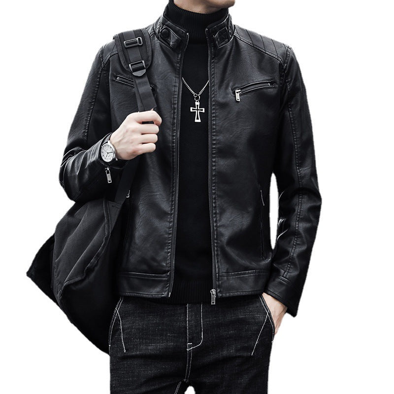 Men's Faux Leather Pilot Jacket with Stand-Up Collar and Zipper Pockets Chichicherry
