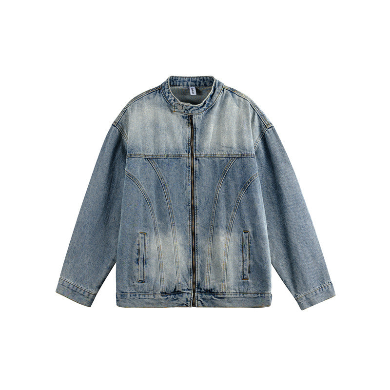 Unisex Boxy Denim Jacket in Workwear Style with Curved Seam and Stand-Up Collar Chichicherry