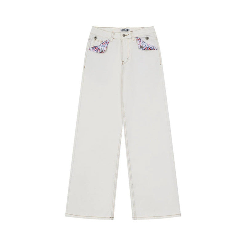 Women Loose High-Waist Jeans in Palazzo Cut with Decorative Stitching and Floral Pocket Lining Chichicherry