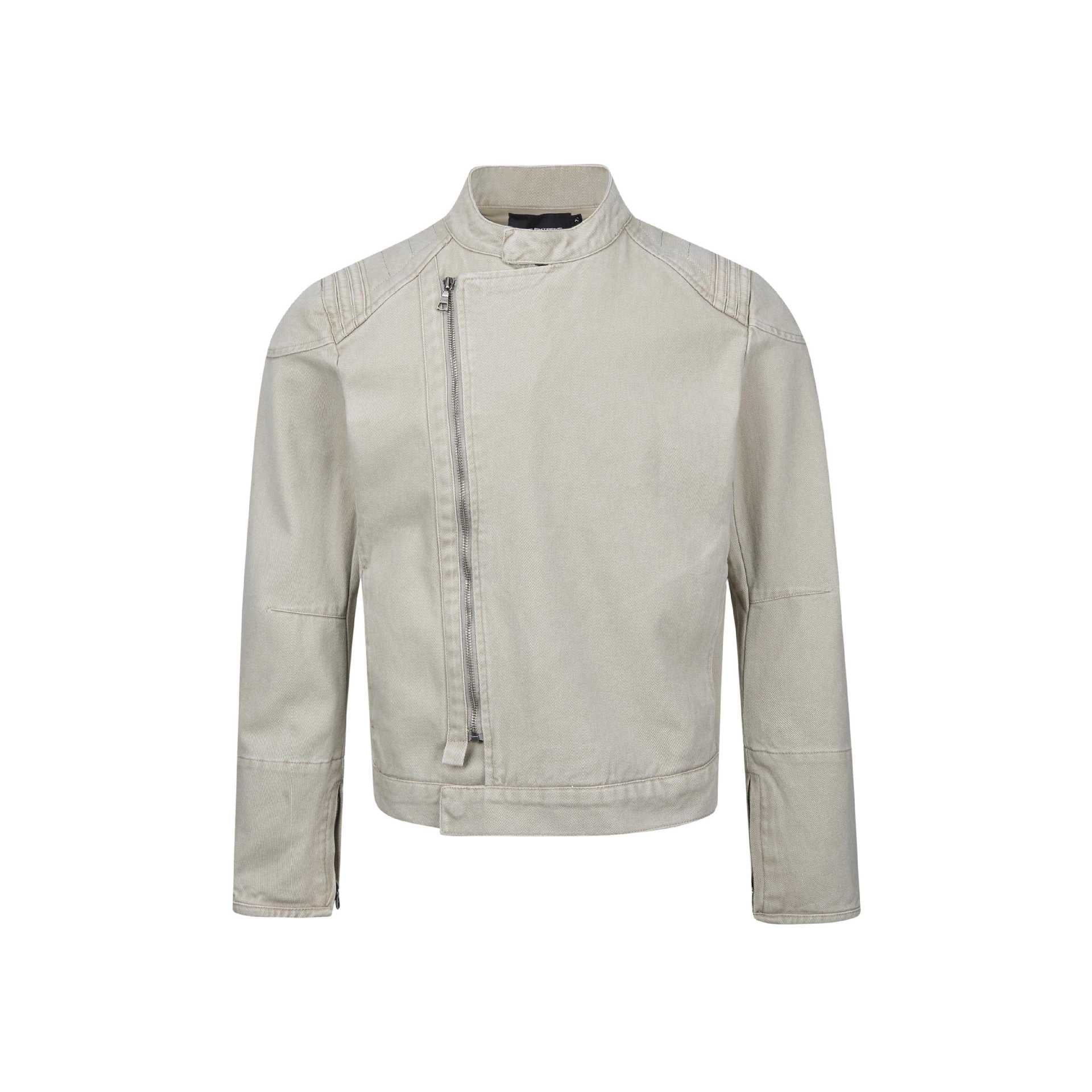 Men's short-cut asymmetric canvas biker jacket with funnel collar and zipper detail Chichicherry
