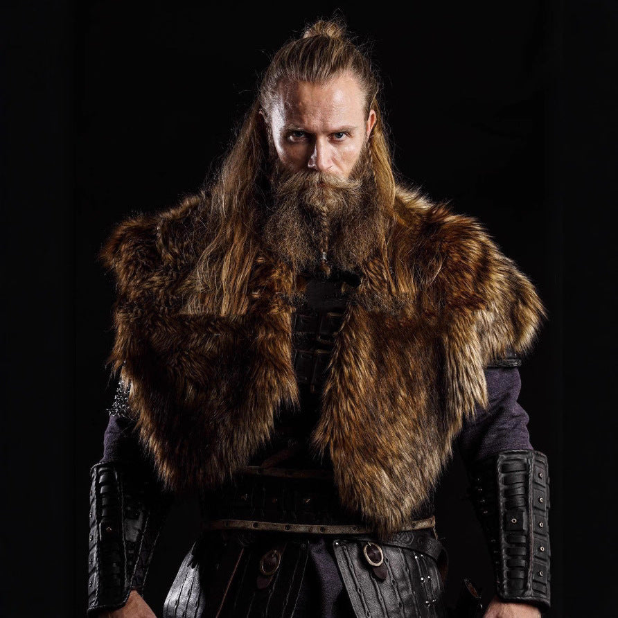 Men's historically inspired faux fur shoulder cape with leather straps Chichicherry