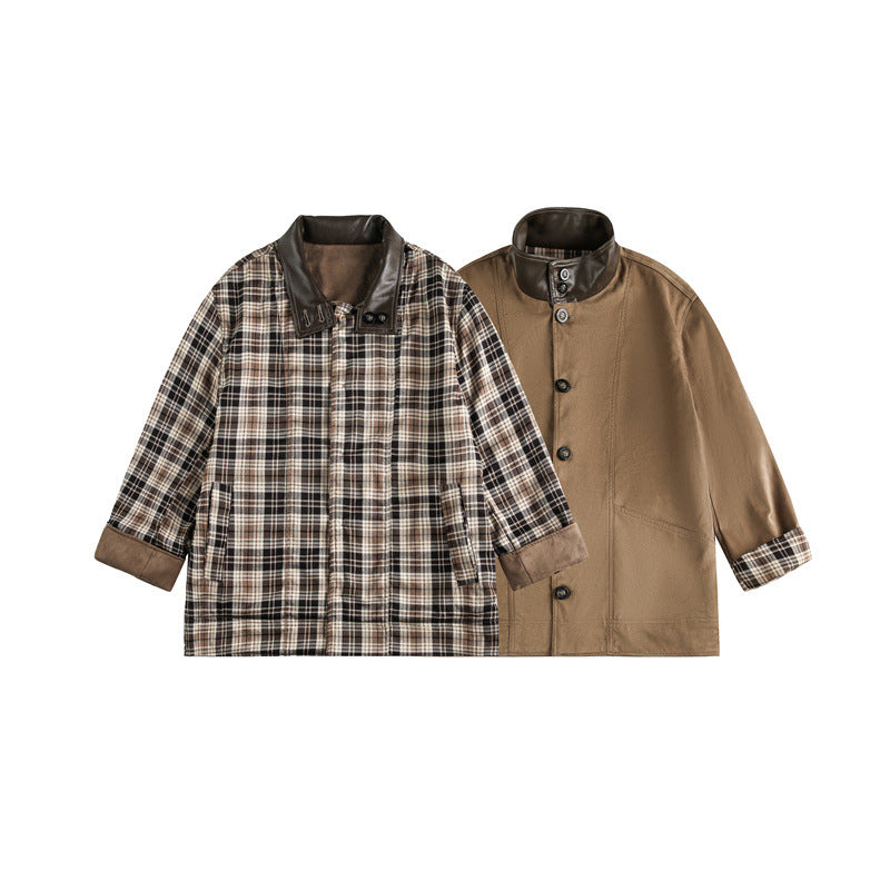 Men's short-cut field blouson in vintage workwear style with faux leather stand-up collar and checked inner lining Chichicherry