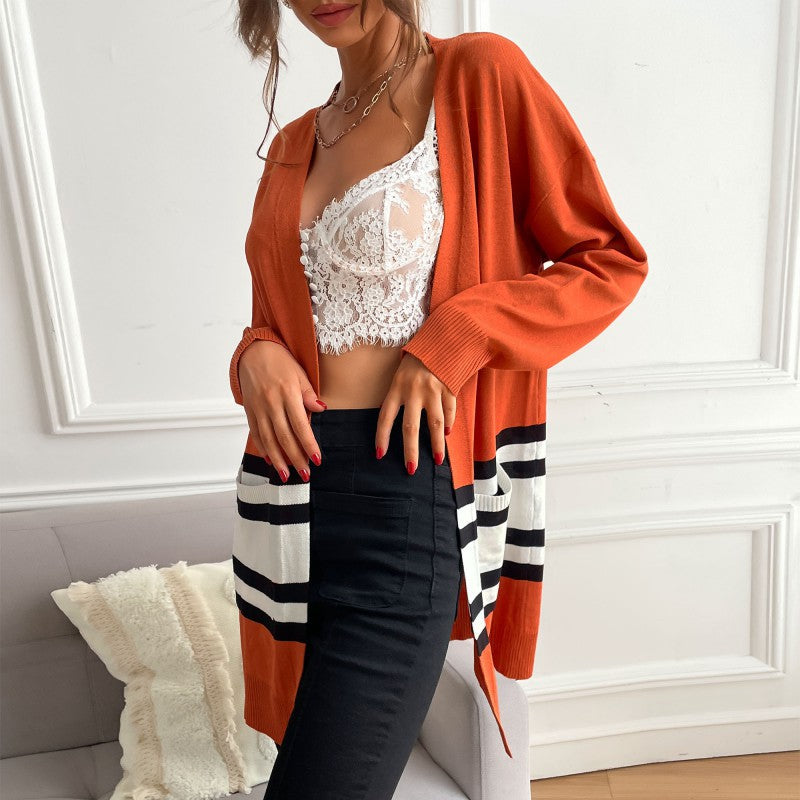 Women's mid-length open fine-knit cardigan with color block stripes and patch pockets Chichicherry