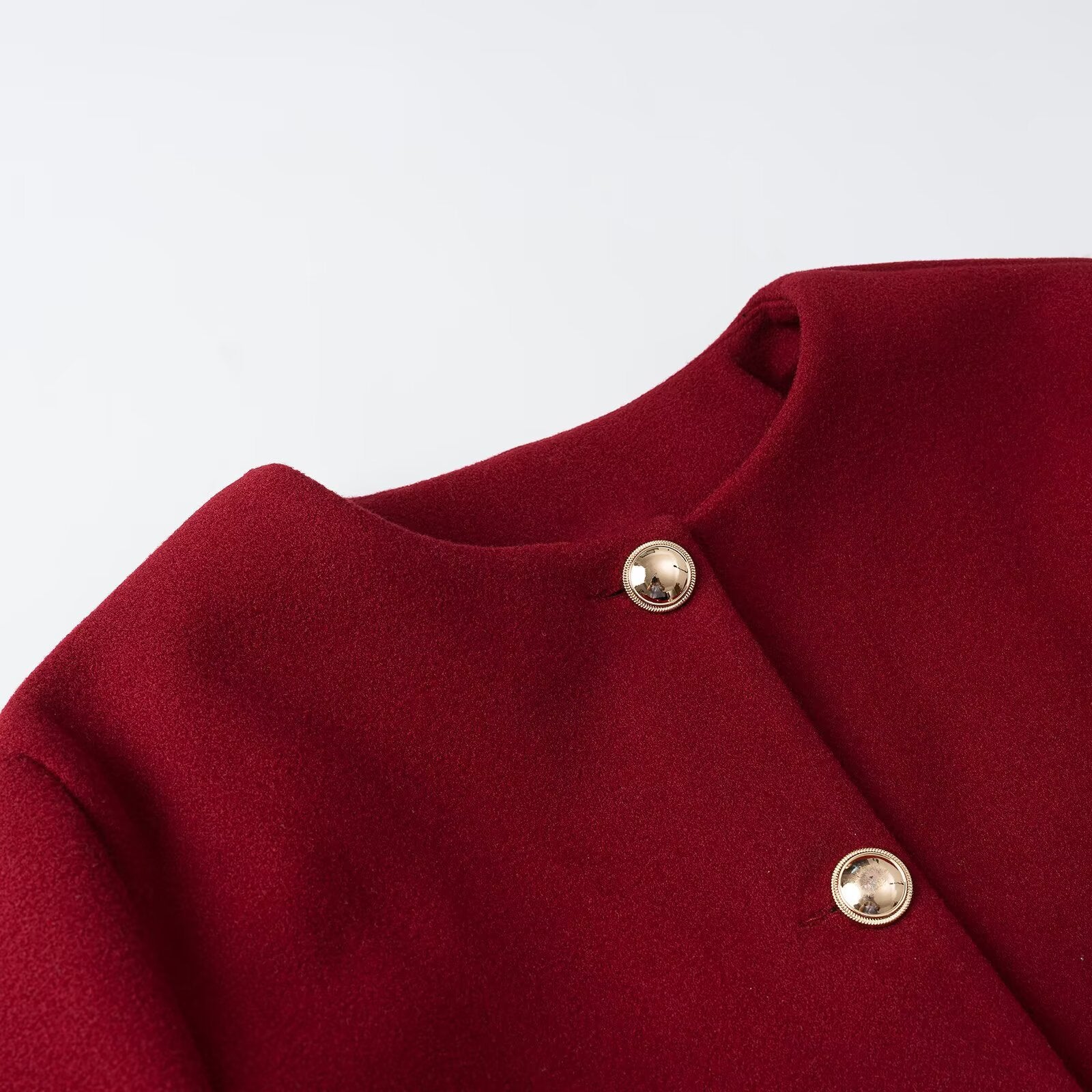 Women's cropped wool blend jacket with round neck, patch pockets and gold decorative buttons Chichicherry