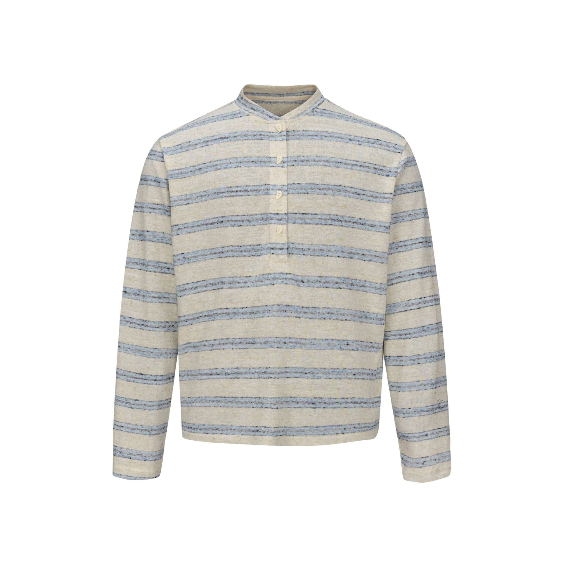 Men Striped Fine Knit Henley with Stand-Up Collar and Full Button Placket Chichicherry