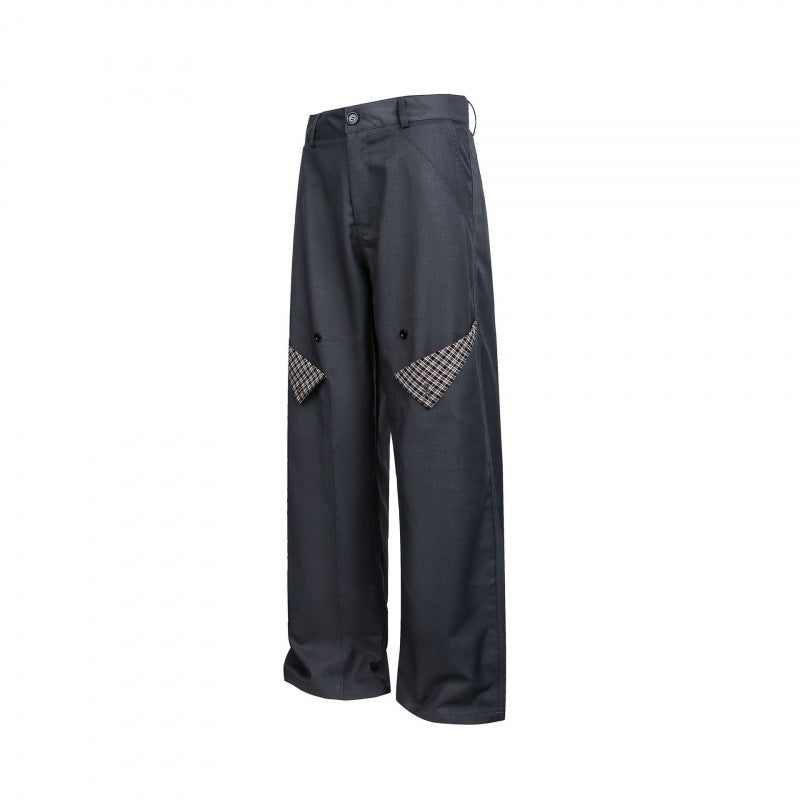 Women's Wide Cargo Pants with Checked Pattern Inserts and Decorative Button Plackets Chichicherry