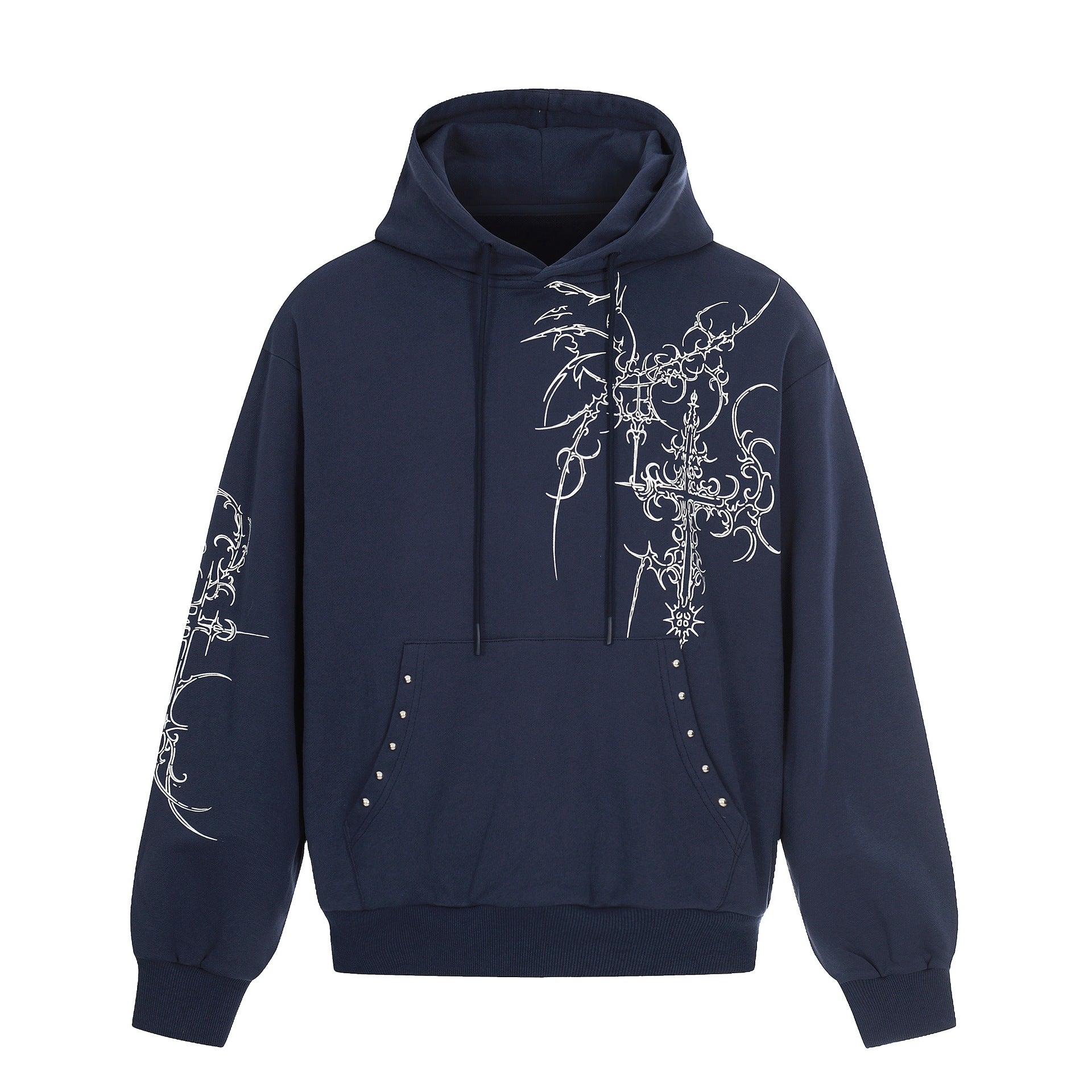 Men's Oversized Hoodie with Ornamental Cross Print and Studs Chichicherry