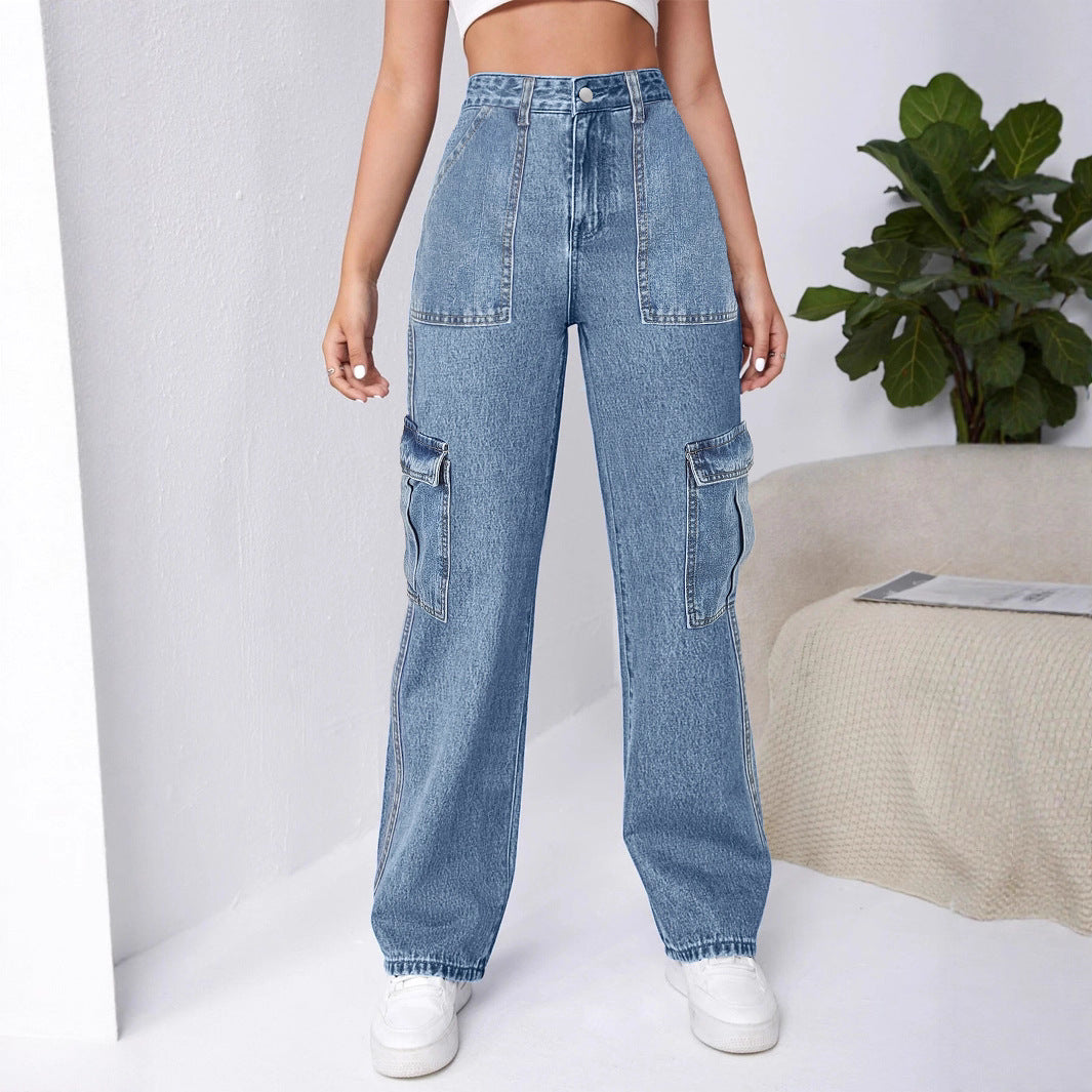 Women High-Waisted Cargo Wide Jeans with Patch Pockets and Elastic Hem Chichicherry