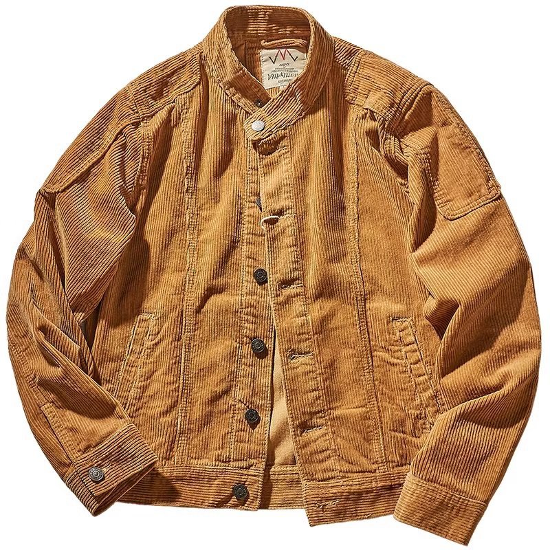 Herren Kurz geschnittene Kordjacke im Worker‑Style mit Stehkragen und Druckknopfleiste Chichicherry