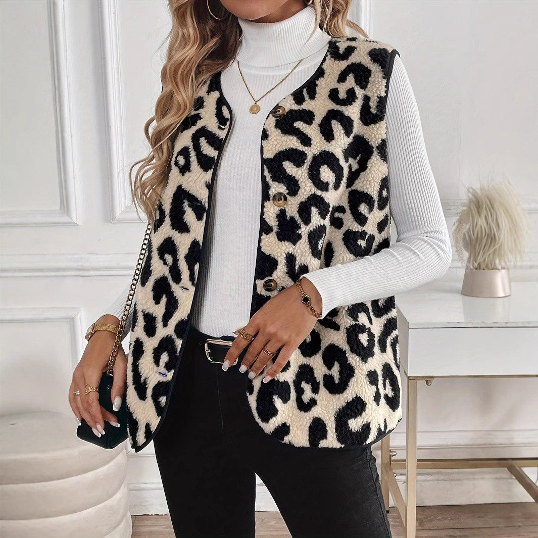 Women Sleeveless Teddy Vest with Leo Pattern, Button Placket and Curved Hem Chichicherry