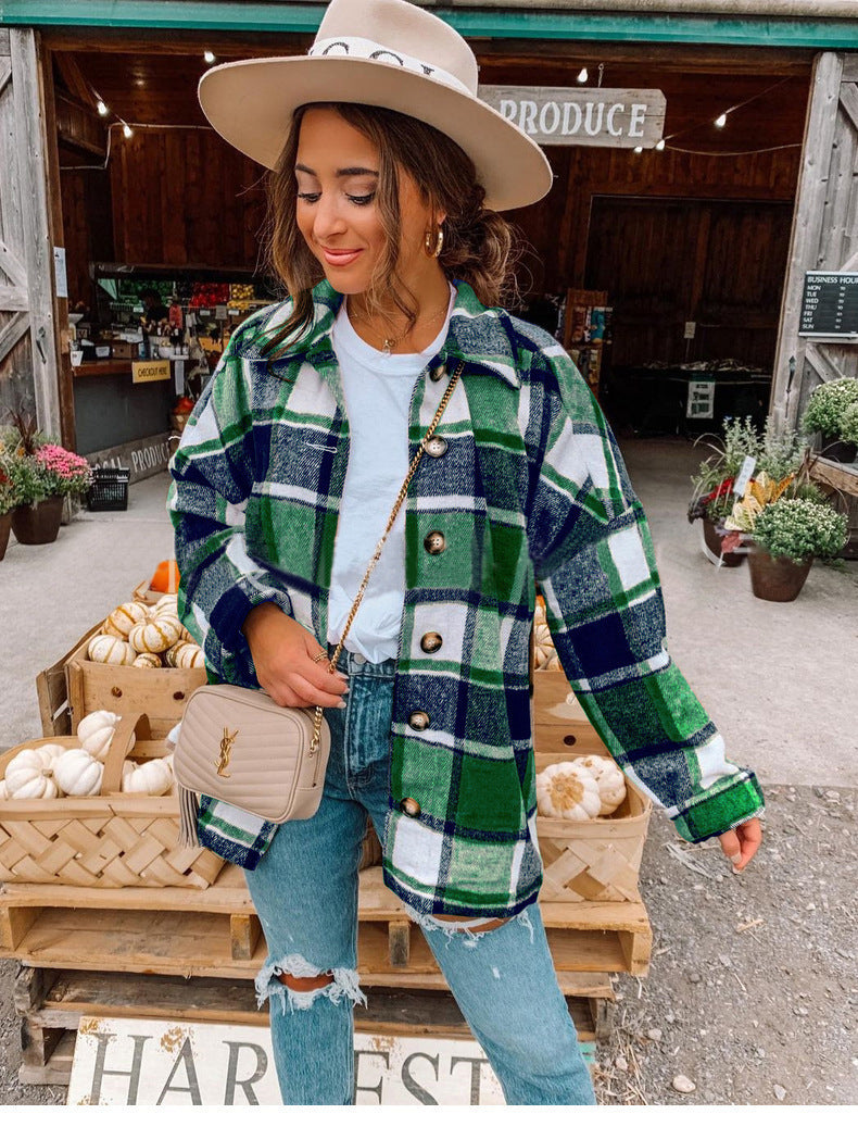 Damen Oversized Kariertes Flanell‑Shacket mit Brusttaschen und Holzknöpfen Chichicherry