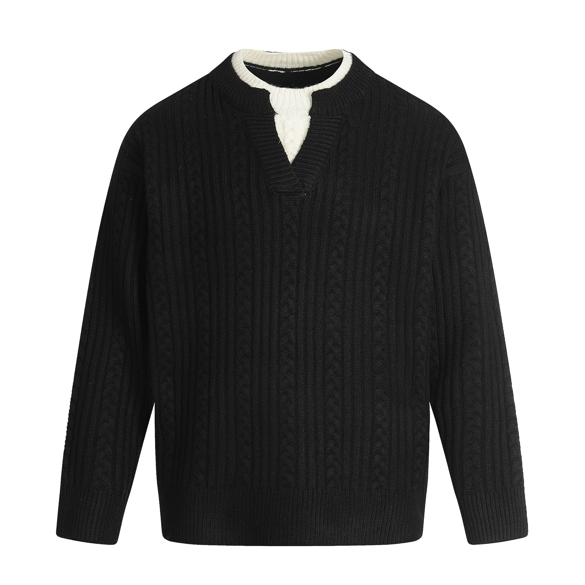 Men's cable knit sweater with V-insert and double roll collar Chichicherry
