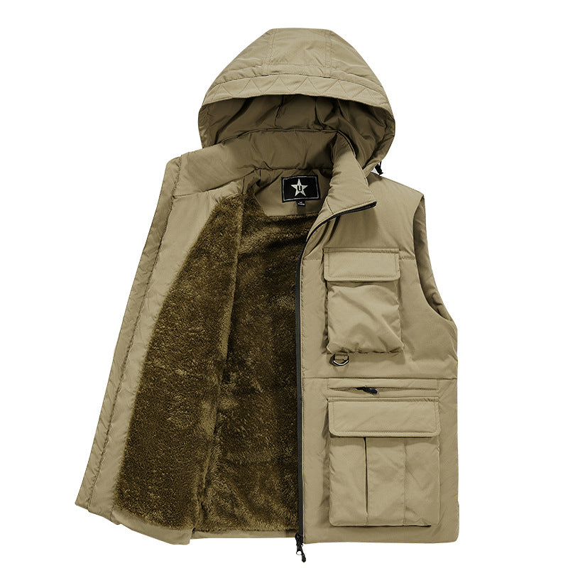 Men's Insulated Utility Vest with Hood, Teddy Lining and Multi-Functional Pockets Chichicherry