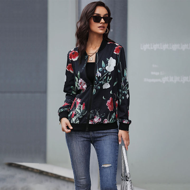 Women's floral bomber jacket with zipper, ribbed cuffs, and side pockets Chichicherry