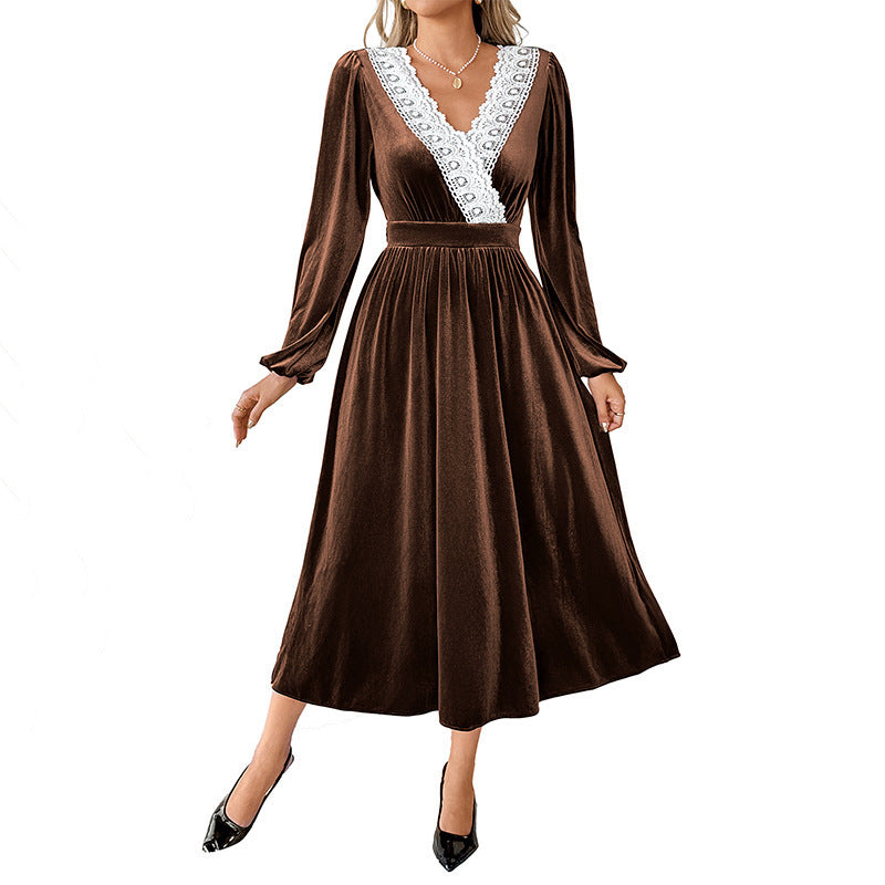 Ladies Elegant Velvet Dress with V-Neck, Lace Trim and Tailored Midi Length Chichicherry