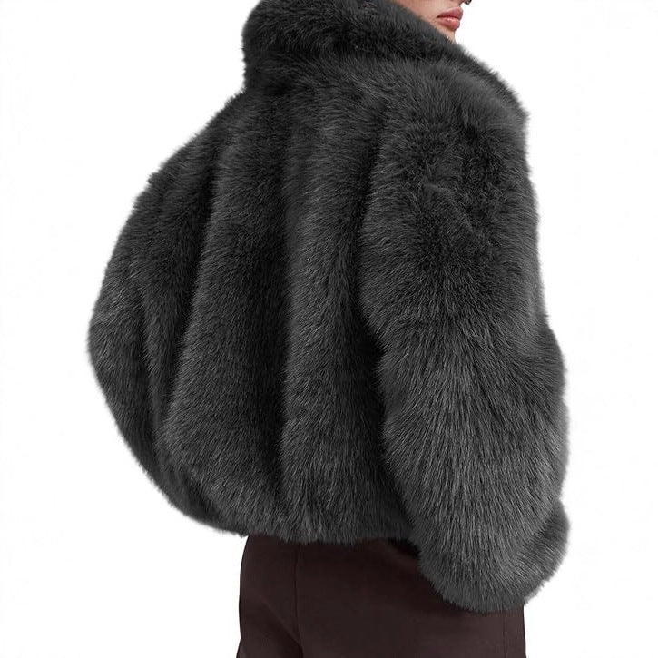 Women Short Boxy Faux Fur Pilot Jacket with Dense High Pile and Wide Lapel Chichicherry