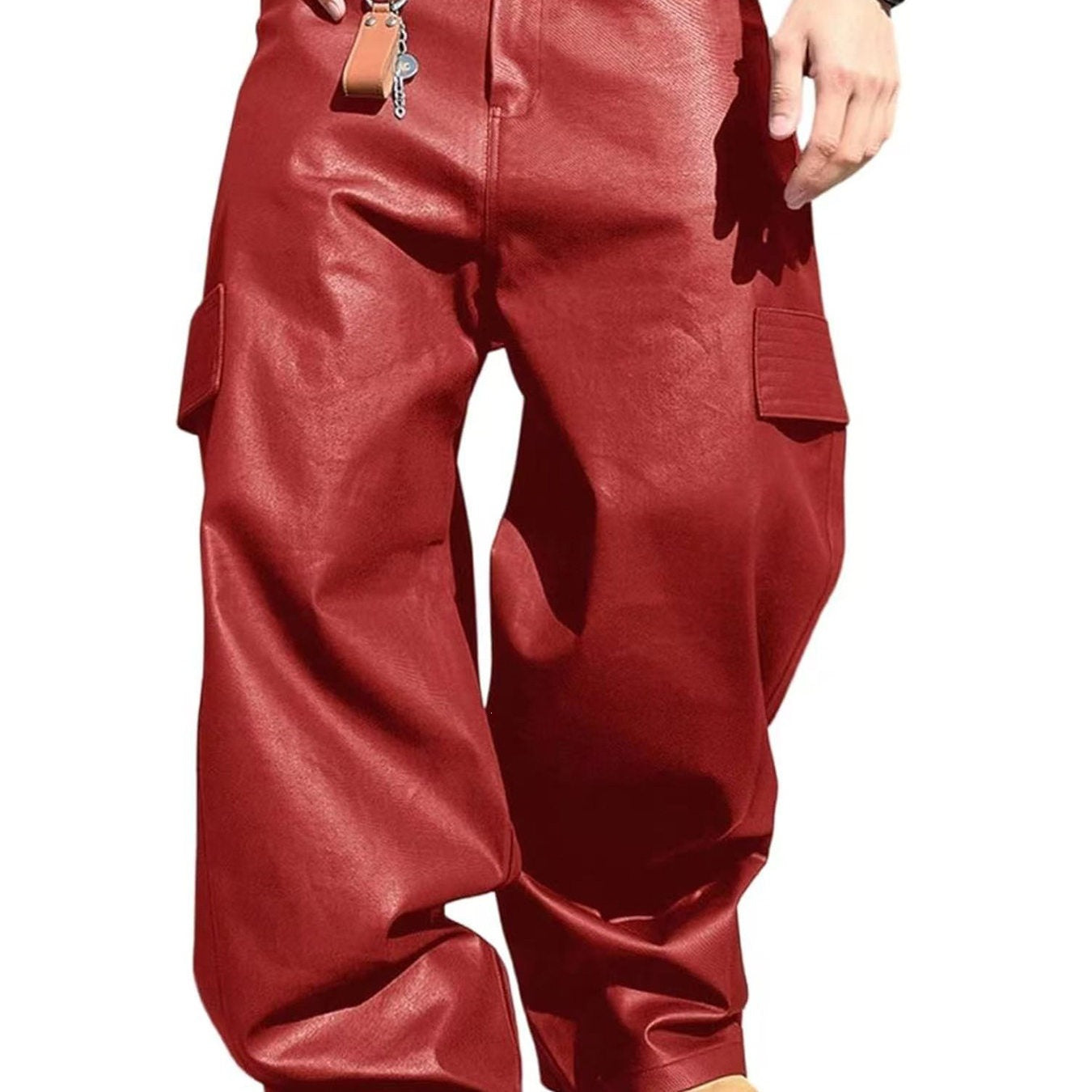 Men's Wide Cut Cargo Pants in Leather Look with Flap Pockets Chichicherry