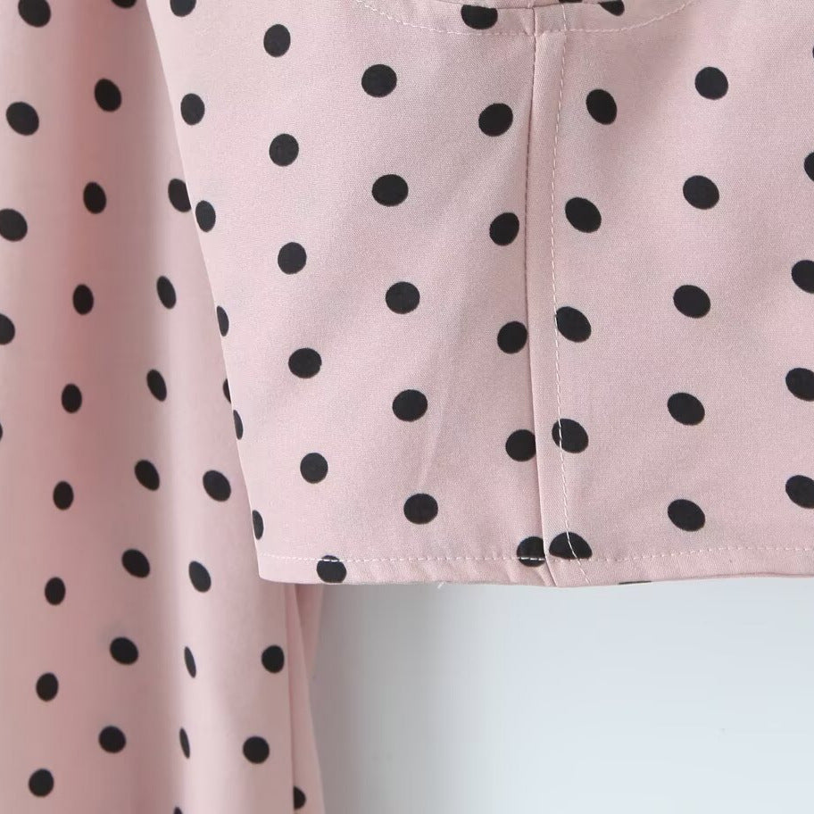 Ladies Polka Dot Bustier Crop Top with Puff Sleeves and Square Neckline Chichicherry