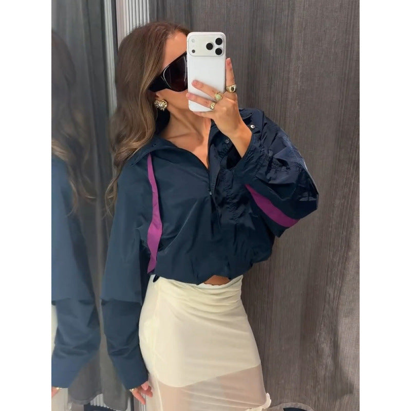Women's Lightweight Oversized Windbreaker with High Stand-Up Collar and Contrast Stripes Chichicherry