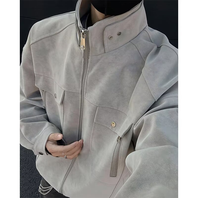 Herren Oversized Wildleder-Optik Utility-Jacke mit hohem Stehkragen Chichicherry