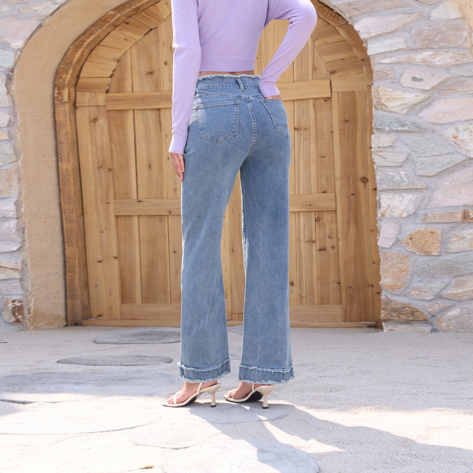 Women High-Waisted Denim Pants with Frayed Waist and Wide Leg Chichicherry