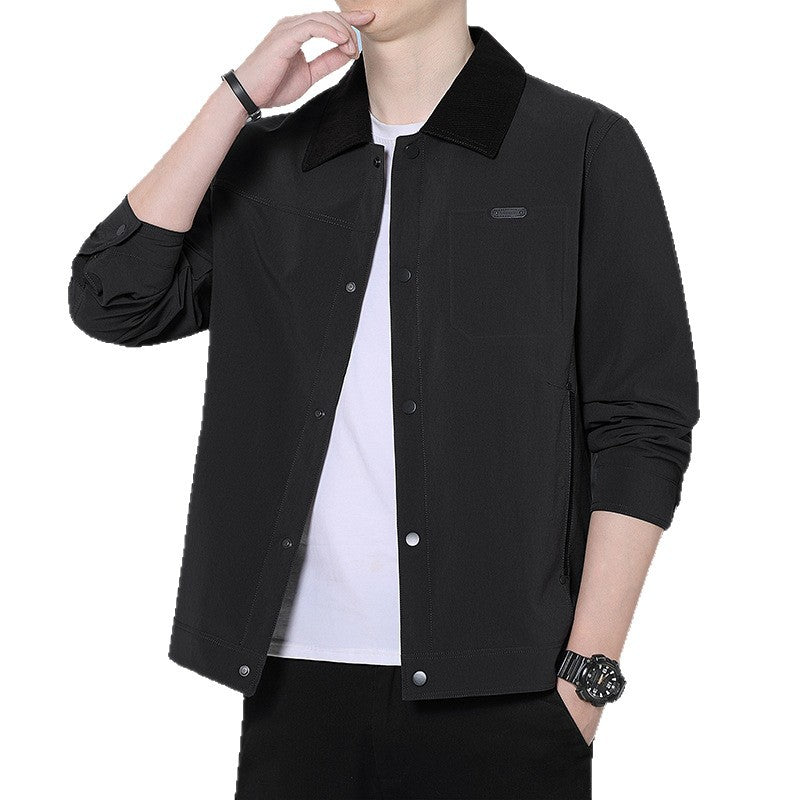 Men's Lightweight Casual Jacket with Cord Collar, Press Stud Placket and Concealed Zipper Pockets Chichicherry