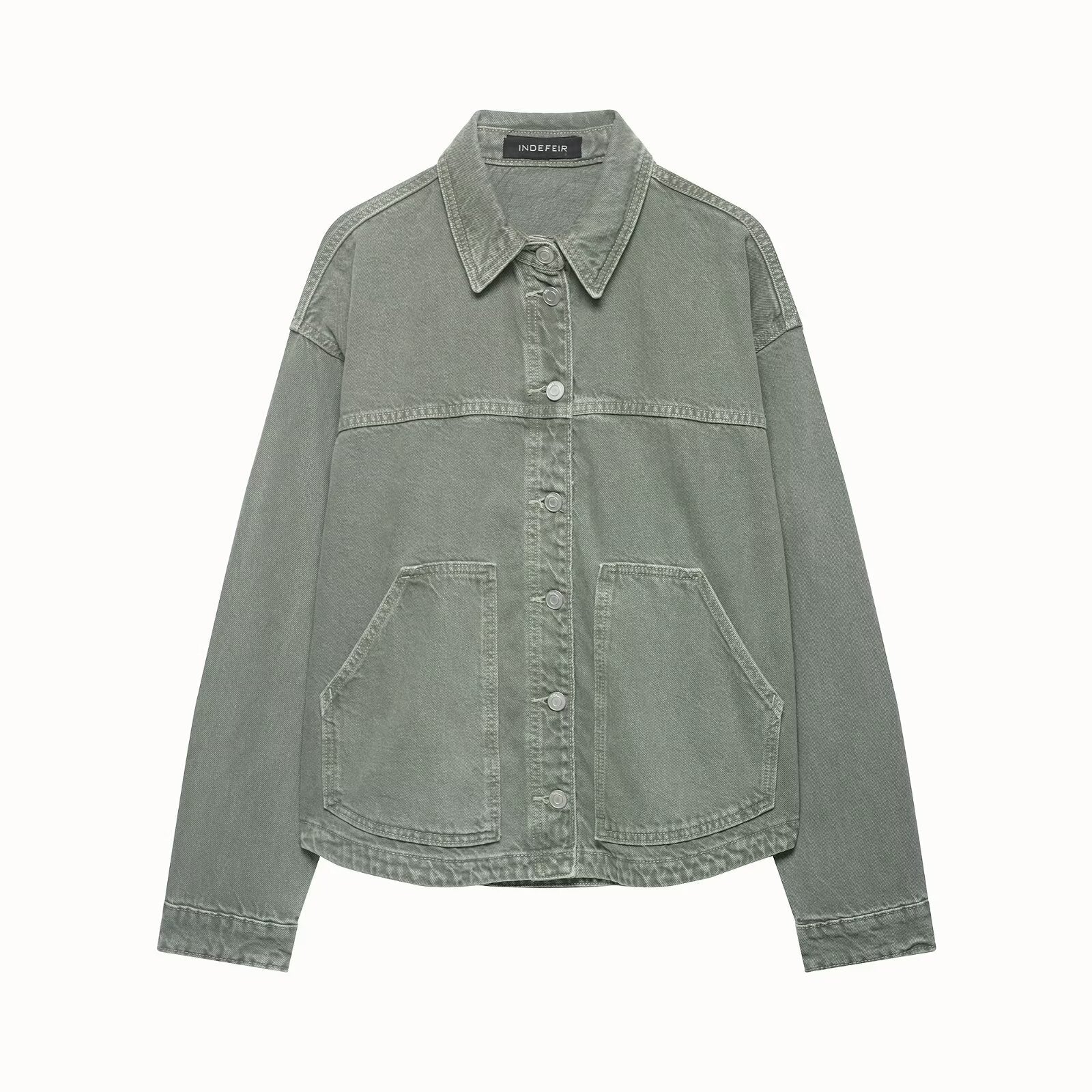 Women's Boxy Cropped Denim Work Jacket with Large Applied Front Pockets Chichicherry