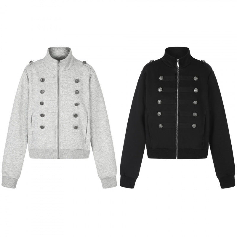 Unisex Sweat Jacket in Military Look with Double Button Placket Chichicherry
