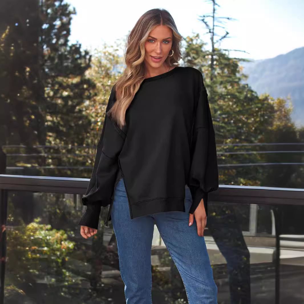 Ladies Soft Longline Sweatshirt with Balloon Sleeves, Side Slits and Ribbed Hem Chichicherry