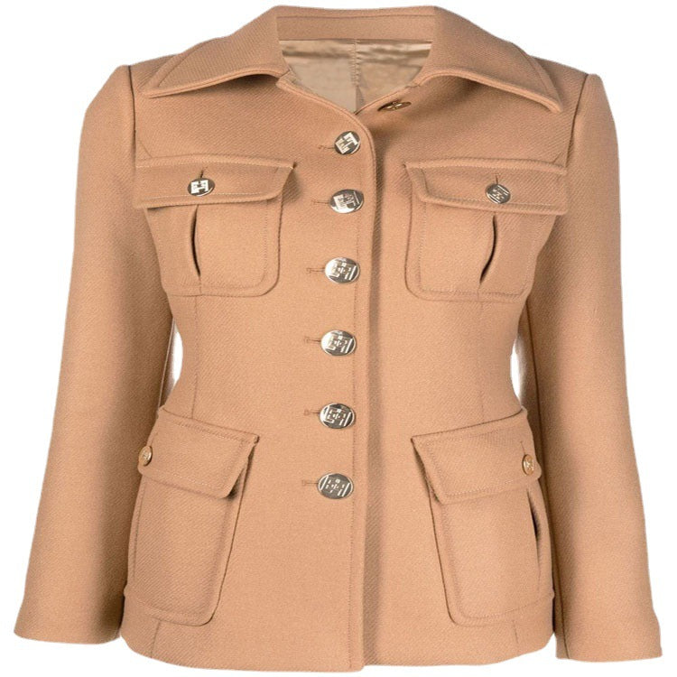 Women's short military-inspired wool blend jacket with decorative buttons Chichicherry