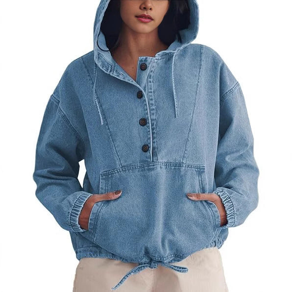 Women's Jeans Half Jacket with Hood, Kangaroo Pocket and Drawstring Chichicherry