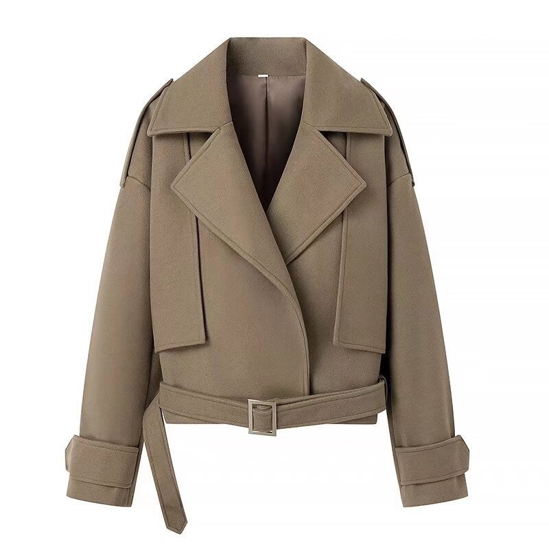 Women's Short Wool Blend Trench Coat with Belt, Epaulettes and Wide Lapels Chichicherry
