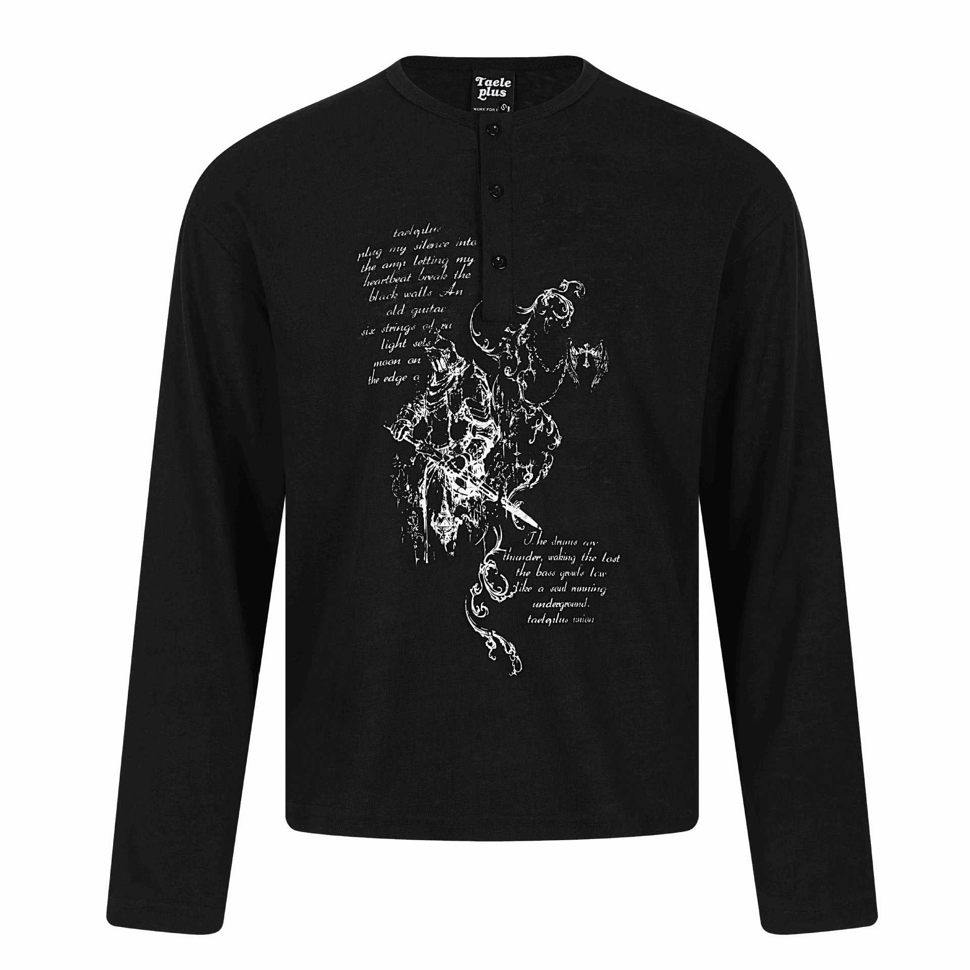 Unisex Long Sleeve Henley Shirt with Button-Up Chest Placket and Vintage Illustration Print Chichicherry