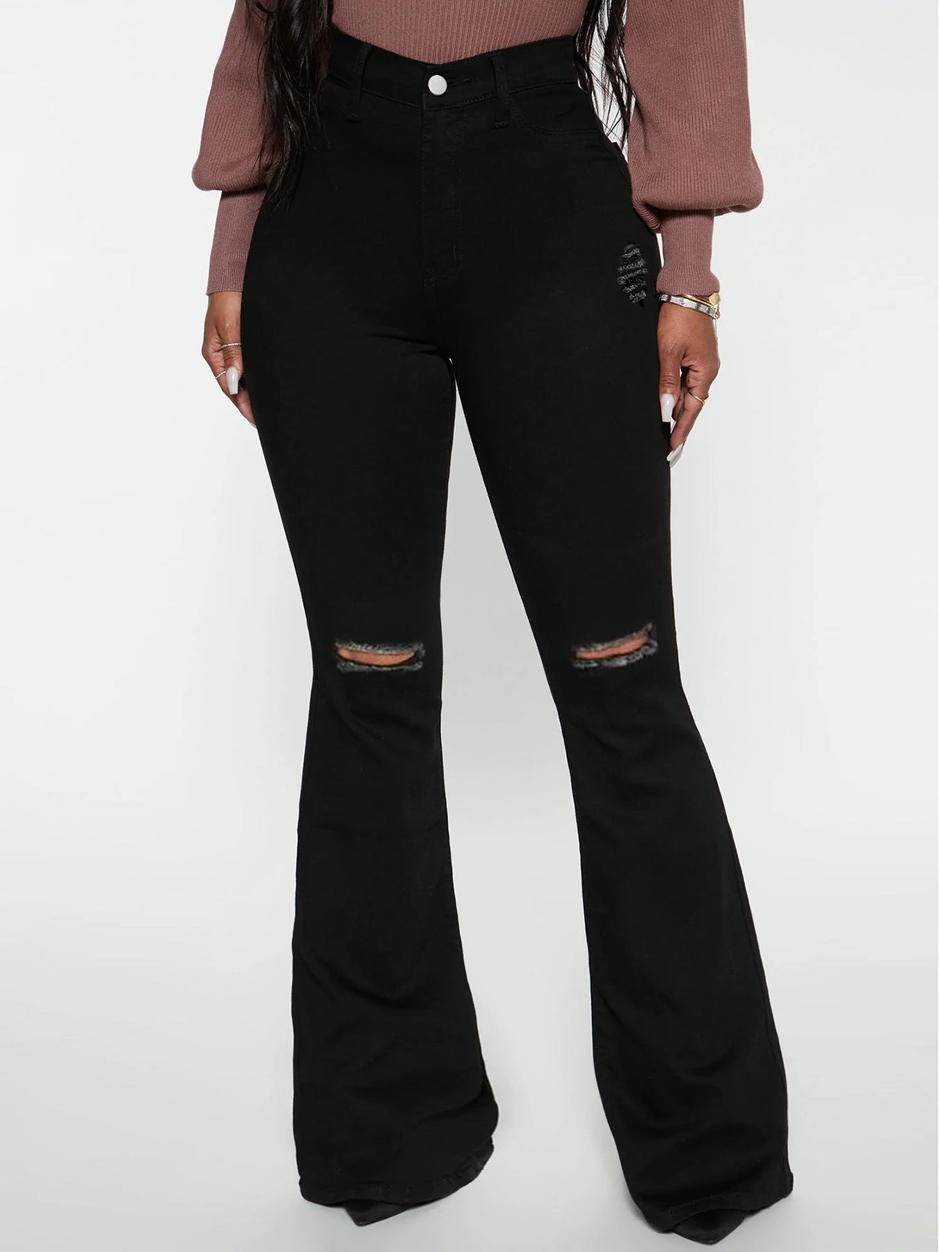 Ladies High-Waist Flared Jeans with Knee Rips and Sculpting Stretch Waistband Chichicherry